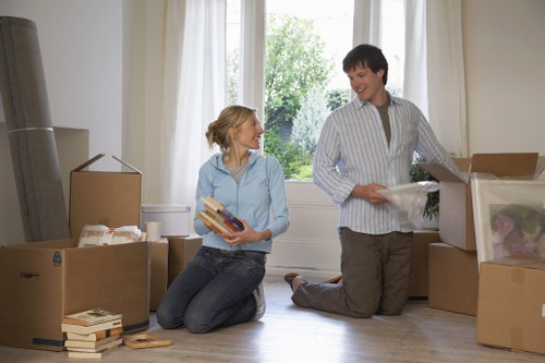 Packed boxes and furniture prepared for a move in Knightsbridge
